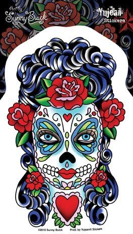 Sunny Buick - Butterfly Eyes Sugar Skull Mysterious- 3.5" x 5.5" - Weather Resistant, Long Lasting for Any Surface