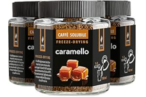 King Cup - 3 Tarros de 50gr cada uno de Café Soluble con Caramelo, Café Instantáneo Sabor a Caramelo con Extra Solubilidad, Ideal para Desayuno, Brunch, Café Helado, Sin Gluten, Vegano