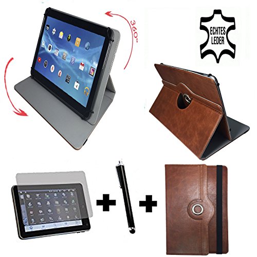 3er Starter Set für Aldi - MEDION LIFETAB P10400 (MD 99775) Tablet PC Tasche + Stylus Pen + Schutzfolie - 10.1 Zoll Echtleder Braun 360°