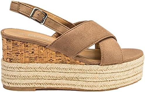 Ladies Faux Suede Cross Over Open Toe Fashion Raffia Cork Low Wedge Flatform Espadrille Sling Back Ankle Strap Summer Sandals Size 3-8 (UK 5/EU 38, Mocha)
