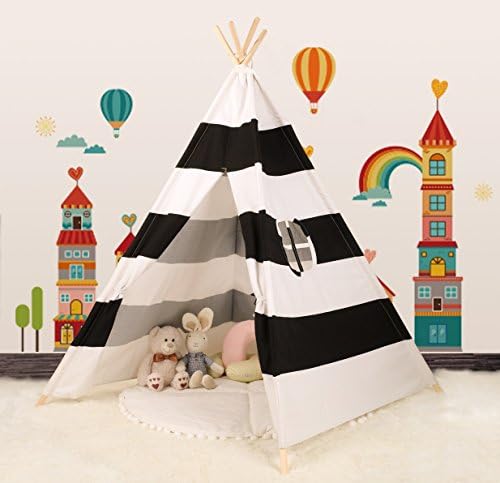 CANALOHA 4 pole Black and White Stripe Large Foldable breathable Cotton Canvas Playhouse Outdoor Indoor India toddlers Play Tent with window, Ideal for Kids Girls/Boys Birthday Gift Christmas Party