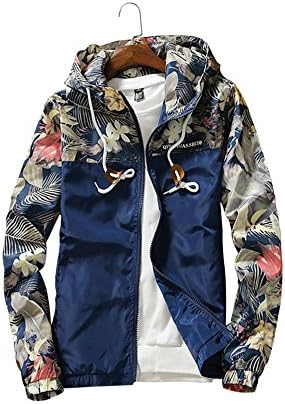Cajerin Floral Bomber Jacket Men's Flower Floral Pattern Full Zip Hooded Coat Men's Fashion Flower Print Coat Zipper Jacket Windbreaker Jackets Coat (M, Navy)
