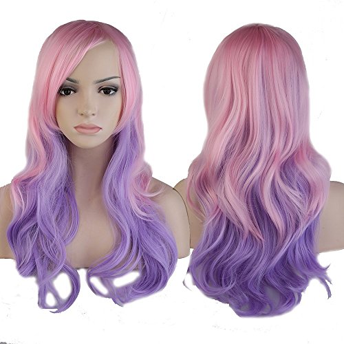 S-noilite® Fashion Women Long Wig Curly Wavy Hair Full Cosplay Party Anime Wig 20 Colors (24"/60CM, Pink + Purple)