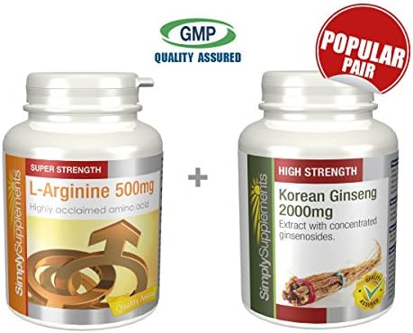 L-Arginine 500mg 240 Capsules + Korean Ginseng 2000mg 360 Tablets | Energy Booster | 100% money back guarantee | Manufactured in the UK