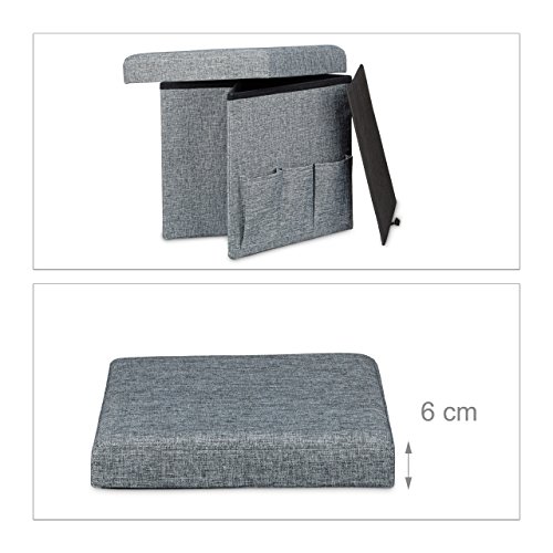 Relaxdays Faltbarer Sitzhocker 38 x 38 x 38 cm stabiler Sitzcube mit 3 Seitentaschen Sitzwürfel aus Leinen Sitzbank als Aufbewahrungsbox mit Stauraum und Deckel zum Abnehmen für Wohnraum, grau - 2