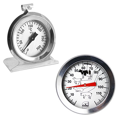 Set Einstich ( Fleisch ) und Backofen Bimetall / Edelstahl Thermometer Analog . Backofenthermometer bis 300 °C . Einstichthermometer 115 °C