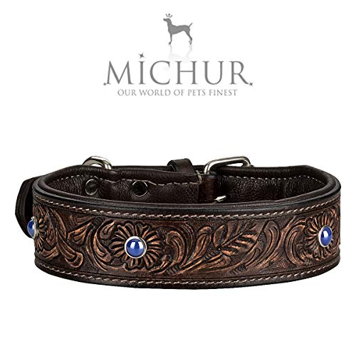 MICHUR Antonio Collare per Cani in Pelle, Collare in Pelle per Cani, Colletto, Marrone, Cuoio, con Pietre Blu, Blu, Disponibile in Varie Dimensioni