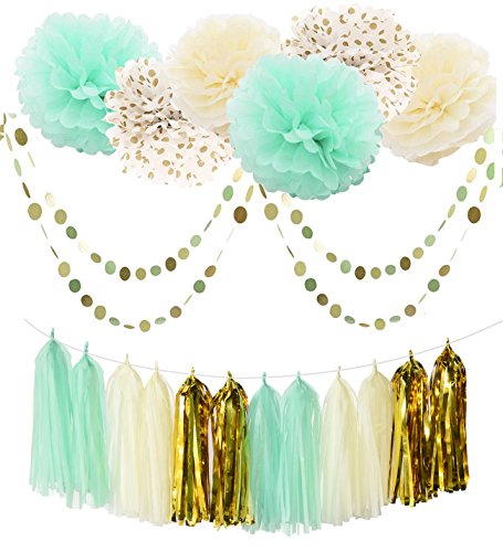 furuix 20 mint grün creme gold Party Deko-Set Seidenpapier Pom Pom Blume mit Papier Quaste Girlande Circle Girlande für Rustikal Hochzeit Dekoration Baby Dusche Bridal Dusche Dekoration ersten Geburtstag Deco