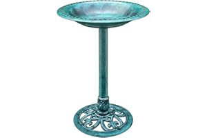 VIVOHOME Plastic Resin Bird Bath for Garden, Round Openwork Pedestal, Polyresin Lightweight Antique Style, Standing Outdoor Water Bowl, 71x50x50cm, Green