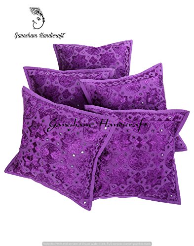 Ganesham artigianato - Living Room Decor, mano ricamato etnico decorativo specchio lavoro boho & auto divano cuscino Bohemian gettare federe in cotone indiano cuscino 16 x 16 (set da 5 pezzi)