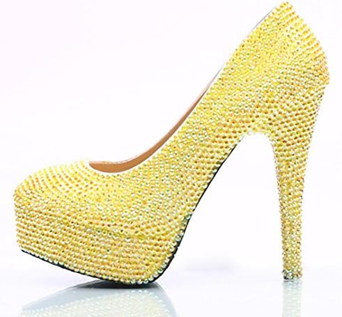 XDGG Women Big Size Wedding Shoes Diamond Bride Shoes Lemon Yellow Drill Stiletto Heel High Shallow Mouth Shoes Nightclub , yellow , 45