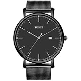 BUREI Herren minimalistische schwarze ultra-dünne Uhr mit Analog-Zifferblatt mit Datumsanzeige und Milanese-Armband