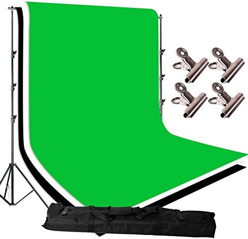 SLOJP 1.6M x 3M 3PCS Backdrop, 2M x 2M Adjustable Backdrop Stand Support, Photography Non Woven Background, Photo Studio Kit, Free Carrying Bag (Black White Green)