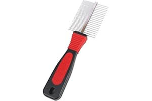 WOLMIK Dog & Cat Comb - Pet Grooming Combs, Double Row Stainless Steel Dogs Comb, Dog Cat Grooming Combs for Small Medium and Large Pets, Pet Fur Detangling Tool - Black & Red