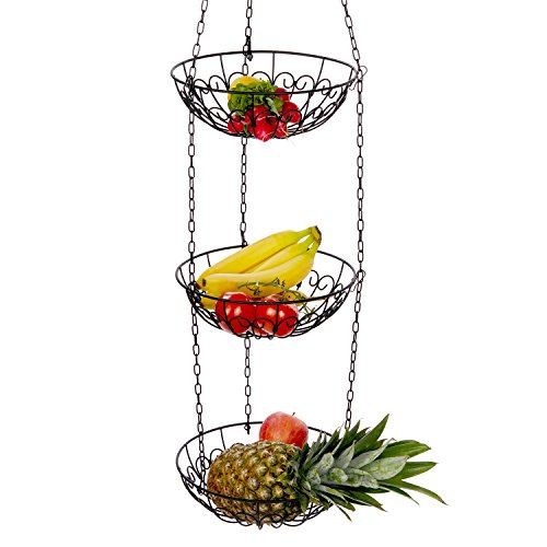 Chefarone Hängekorb – Obstkorb Set zum Hängen 3-tlg – Küchenampel mit 130cm Kette für extra viel Platz – Obst Etagere auch geeignet als Gemüsekorb – Landhaus Hänge-Etagere matt schwarz – Gemüseampel mit 28cm Durchmesser – Belastbar bis 5kg - 2