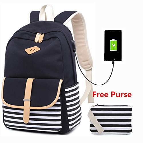 Preisvergleich Produktbild Rucksack Mädchen, Canvas rucksack damen Schultaschen Schulranzen Lässiger Schulrucksack für Madchen Jugendliche Jungen (Schwarz)