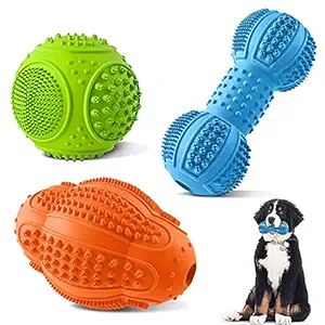 Dog Chew Toys 3 Pack, Dog Toys for Aggressive Chewers Large Breed, Multifunctional Teeth Cleaning and Gum Massage, Nearly Indestructible Tough Dog Toys with Natural Rubber for Large and Medium Dog