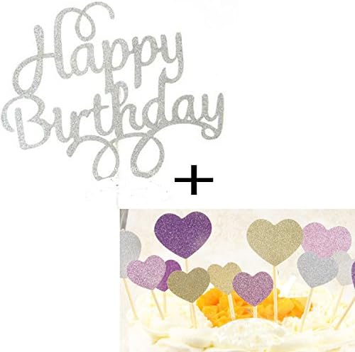 Cake Topper Birthday party decorations Cake Topper, silver Glitter Happy Birthday + loving heart