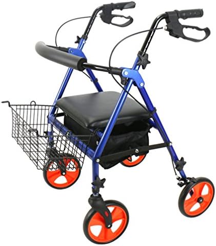Stainless Steel Blue Walker Folding Rollator 4 Wheel Lightweight Trolley Seat with Storage Basket