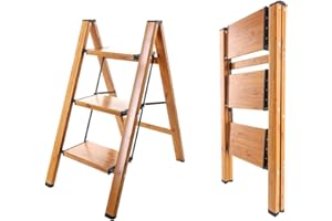 BAOYOUNI Scaletta pieghevole a 3 gradini, portatile, leggera, in alluminio, con pedali larghi antiscivolo, capacità 150 kg, per casa, cucina, giardino, ufficio, nero + venature del legno