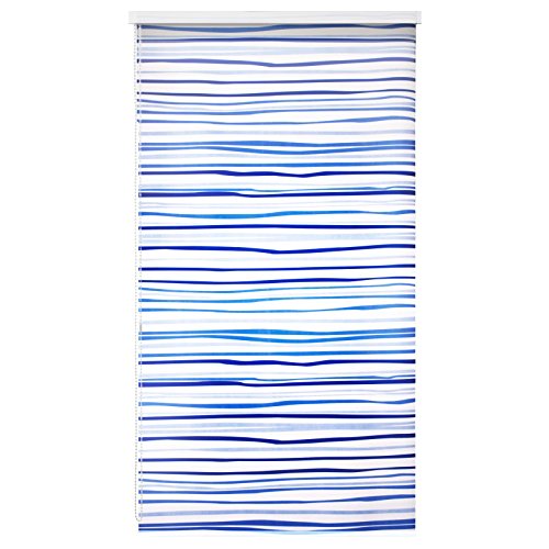 Design Duschrollo Blaue Streifen | viele Größen | schnelltrocknend | Deckenbefestigung mit Halbkassette | halbtransparent, blau gestreift | 100x240cm (BxL) - 2