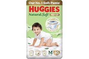 Huggies Natural Soft Premium Baby Diaper Pants, Our No.1 Soft Pants, Medium (M) Size (7-12 Kgs), Pack of 60 diapers | Cloud Softness All over with India's 1st Cloud Touch BeltTM