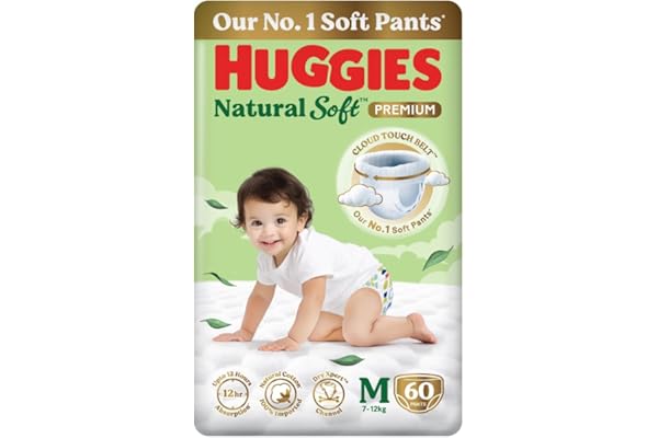 Huggies Natural Soft Premium Baby Diaper Pants, Our No.1 Soft Pants, Medium (M) Size (7-12 Kgs), Pack of 60 diapers | Cloud Softness All over with Ind