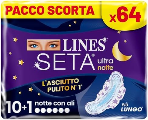 LINES SETA ULTRA NOTTE con ali, Pacco scorta da 64 assorbenti per ciclo mestruale,protezione per la notte, zero odori, Ipoallergenico, cuore lines super assorbente, filtrante seta con fori a imbuto
