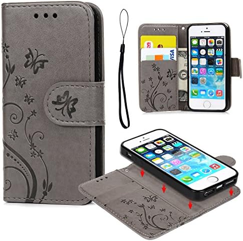 Pincenti iPhone 5 5S SE Case, iPhone 5 5S SE Wallet Case Embossed Butterfly PU Leather Flip Case Cover Detachable Magnetic Wallet with Card Slots and Wrist Strap for iPhone 5 5S SE Blue (Grey)