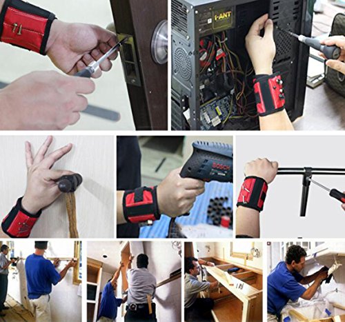 Magnetisches Armband, Kitclan Magnetarmband mit 5 starken Magneten, verstellbares Klettband zum Halten von Werkzeugen, Schrauben, Nägel, Schrauben, Bohren Bits und Kleinwerkzeuge usw. (1 Stück, Rot) - 7