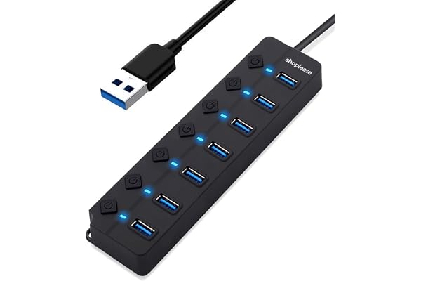 Hub USB 3.0 à 7 Ports avec commutateurs d'alimentation et lumières individuels, répartiteur de données Haute Vitesse USB Portable pour PC, Ordinateur Portable et Plus