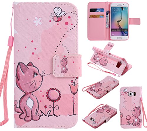 Feeltech Samsung Galaxy S6 Edge Hülle PU-Leder und Brieftasche Bunte Muster Fall mit Magnetverschluss, Hybrid-Kickstand mit Stand-Funktion, schlagen Sie schützende weiche TPU Stoßstangenabdeckung und Kreditkartenhalter für Samsung Galaxy S6 Edge Handgelenk Bügel-Buch-Art-Geldbeutel-Tasche mit 2 In 1 Berühren Sie Stift – Rosa Katze - 8