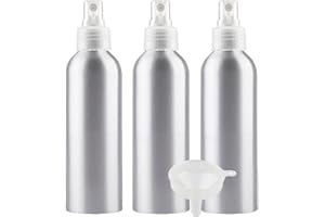 PQPAUTY 3 Piezas Pequeño 200ml botella de spray pulverizador Botella de Aluminio Plata con Bomba en Transparente Niebla Fina Atomizador para Perfume Viaje Artículos de Agua Cosmético, con Embudo