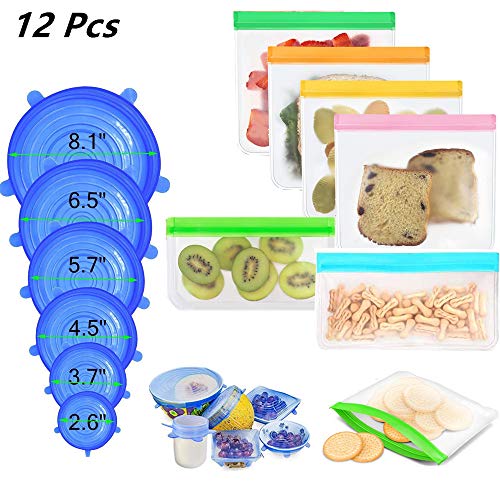 6 leak-proof sandwich bags, 6 reusable food lids, fruit bowl storage lids, no BPA
