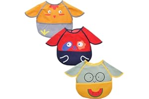 HOTLIKE Bavaglino con Maniche Impermeabile per Bambini, 3 Pezzi Bavaglini per Allattamento, Bavaglino Neonato, Set Bavaglini Pappa Svezzamento Grembiule con Tasca Lavabile per Giocare e Mangiare