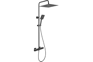 Auralum Colonne de Douche Thermostatique Noir en Acier Inoxydable avec Grande Douchette Plafond 30cm, Barre Réglable 88-124cm, 6 Jets Douchette à main