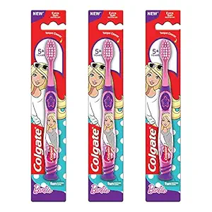 Colgate Kids Barbie Toothbrush for 5+ years, Pack of 3, Extra Soft Bristles with Tongue Cleaner