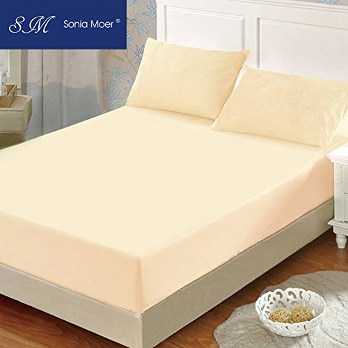 Sonia Moer Premium 100% Cotton Fitted Sheet - Sky Blue (Double, Cream)