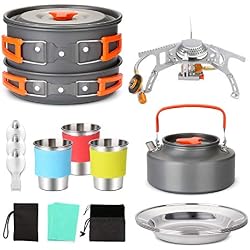 Odoland Multi-PCS Kit de Casseroles Camping, Ustensiles de Cuisine, Ensemble de Popotes Légère, Durable et Compact avec Réchaud de Camping/Bouilloire pour Randonnée/Outdoor/Pique-Nique/Pédestre/Pêche