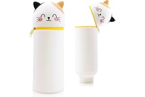 SYKEROUT Trousse à Crayons en Silicone Souple 2 en 1 Motif Animal (Chat à Pois Souriant) - Porte-Stylos pour l'École et le Bureau