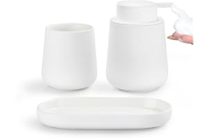 UMLACA Bathroom Accessories Set 3 pcs - Bathroom Ceramic Foaming Soap Dispenser Set Farmhouse White Bathroom Decor, Foam Soap Dispenser and Toothbrush Holder/Tumbler Cup, Tray