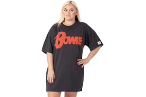 David Bowie Womens T-Shirt Dress | Charcoal Grey with Classic Band Logo Oversized Graphic Tee for Ladies | Rebel Rebel Song Album Outfit | Pop Rock Concert Gig Top | Festival Merchandise Gift