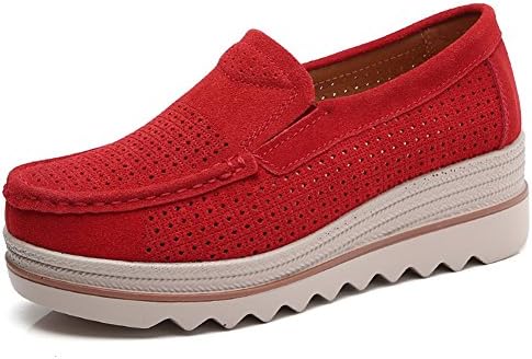 Lakerom Women's Slip On Loafers Platform Comfort Suede Moccasins Wide Low Top Wedge Shoes Work Shoes LRWO0088-RedLK-38