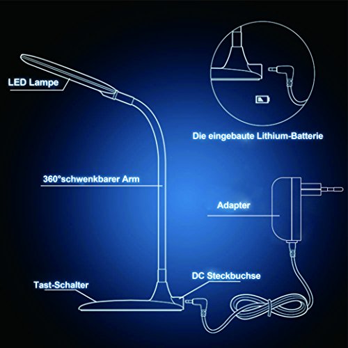 BESTEK LED Akku Schreibtischlampe Tischleuchte Augenschutz aufladbar 3 Stufen Touchdimmer 5W, handlich, energiesparend, weiß - 5