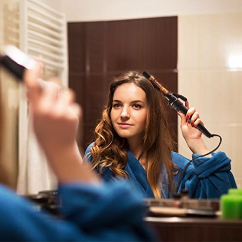 Lockenstab, HoLife 5-in-1 Austauschbare Lockenwickler 9-32mm für Große Kleine Locken mit Keramikbeschichtung, Schminktisch-schützenden Stahl-Stabständer, Anti-Hitzehandschuh(mit 5 Haar Clips, Schwarz) - 8