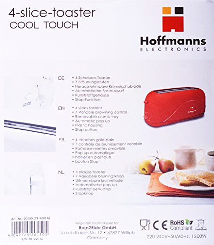 HOFFMANNS 4-Scheiben Langschlitztoaster – Toastautomat mit „COOL-TOUCH“-Gehäuse und herausnehmbarer Krümelschublade (Rot) - 4