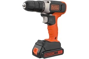 BLACK+DECKER Trapano avvitatore a batteria da 18 V, coppia massima 37 Nm, 10 posizioni di frizione, luce di lavoro a LED, batteria da 1,5 Ah e caricabatterie, BCD001C1-QW