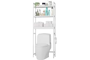 FOREHILL Over Toilet Storage Unit, 3 Tiers Bathroom Shelves Space Saving, Bamboo Shelving Unit, Over Washing Machine Storage Unit with 6 Hooks White 63×26×163cm