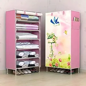 KEEKOS Digital Printed Stainless Steel 6 Shelves Quick and Easy to Assemble Collapsible Wardrobe Clothes, Bedroom Organizer, Storage Rack Cabinet for Kids and Women (Pink)