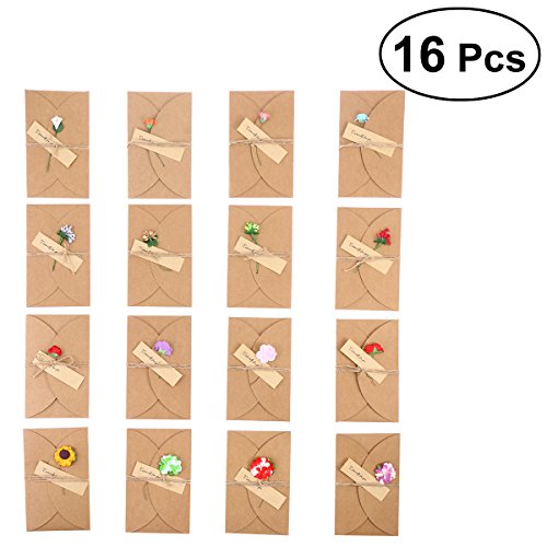 BESTOYARD Vintage Kraft Paper Greeting Card DIY Handmade Dried Flower Wish Thank You Card for Mom Teacher Friends Familes New Year Christmas -16 Pieces